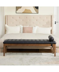 Maison Boucle 66" Upholstered End of Bed Bench with Headrest, Nano Leather Upholstery Button-Tufted Bench, Solid Rubberwood Legs, Entryway Shoe