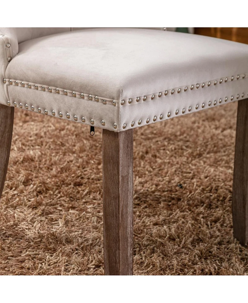 Maison Boucle Upholstered Dining Chairs , Beige Velvet Upholstery High-Back Side Chairs, Tufted Nailhead-Trim with Solid Wood Legs