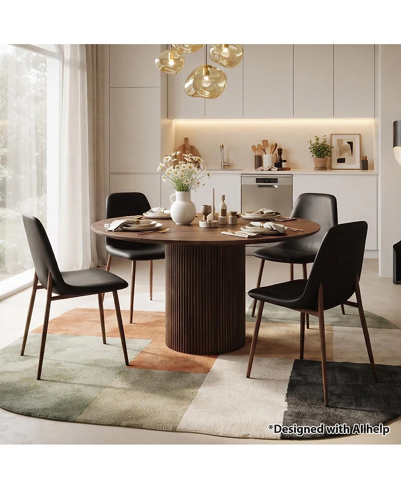 Maison Boucle Mid-Century Modern Dining Chairs Set of 4, Faux Leather Upholstery, Curved Back, Padded Seat, Walnut Look Legs