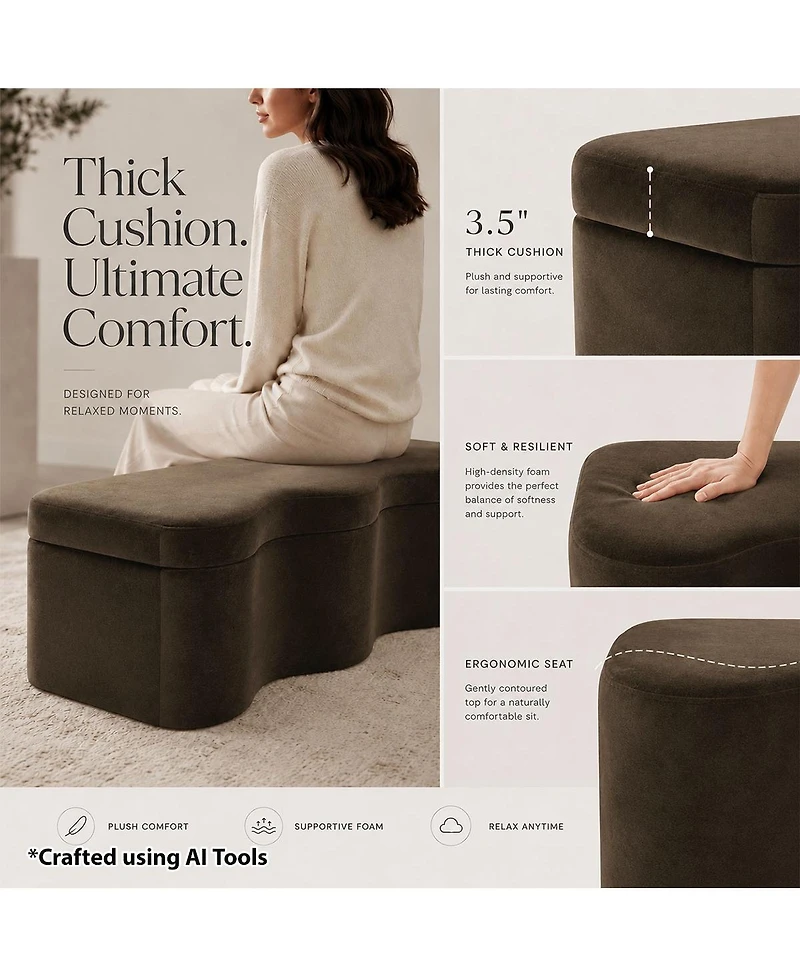 Maison Boucle 60" Modern Upholstered Storage Bench With Lift-Top Lid, End-of-Bed Ottoman Bench, Sculptural Curved Accent for Entryway or Hallway