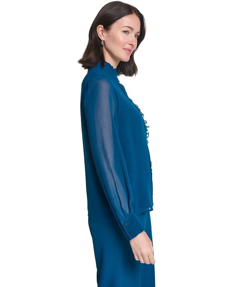 Calvin Klein Women's Long-Sleeve Ruffle Front Mock Neck Blouse