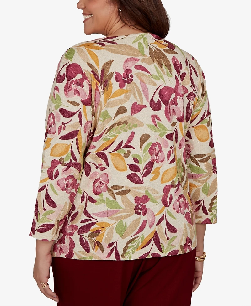 Alfred Dunner Plus Union Square Floral Painterly Print Shimmer Sweater