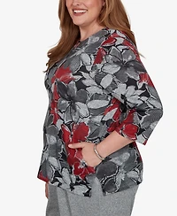 Alfred Dunner Plus Classic Textured Floral Split Neck Pocket Top