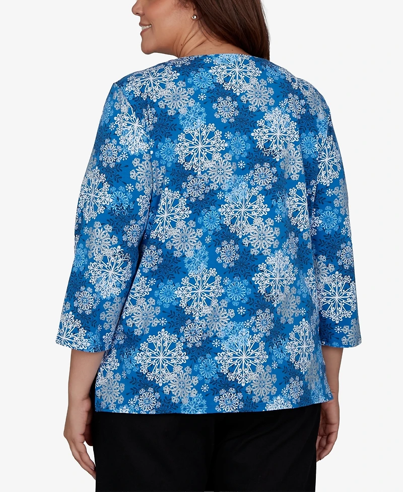 Alfred Dunner Plus Classic Blue Snowflake Print Knit Top