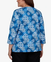 Alfred Dunner Plus Classic Blue Snowflake Print Knit Top