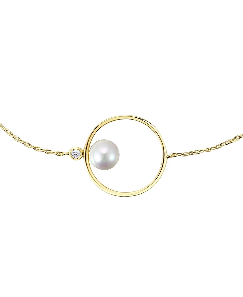 14k Gold Plated with White Genuine Freshwater Pearl Solitaire Asymmetrical Wire Halo Delicate Bracelet