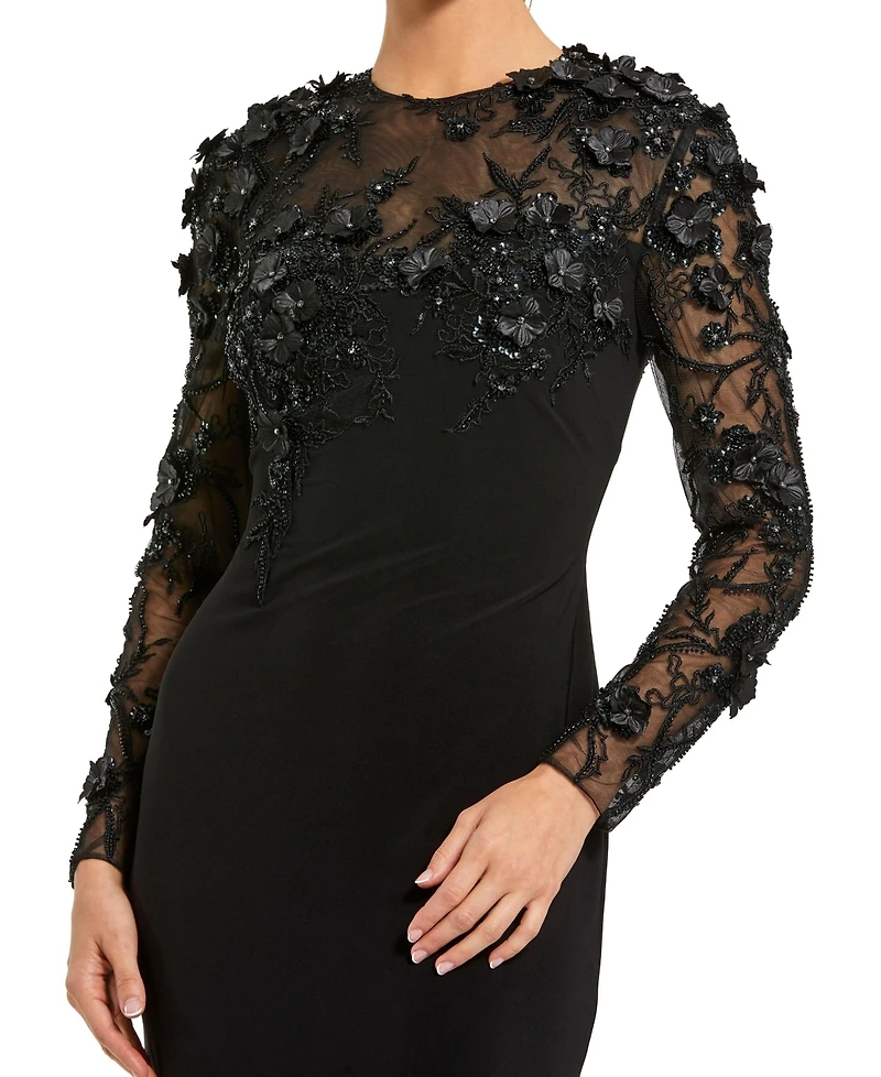 Mac Duggal Women's Petite Jersey Long Sleeve Fitted Gown With Floral Beading