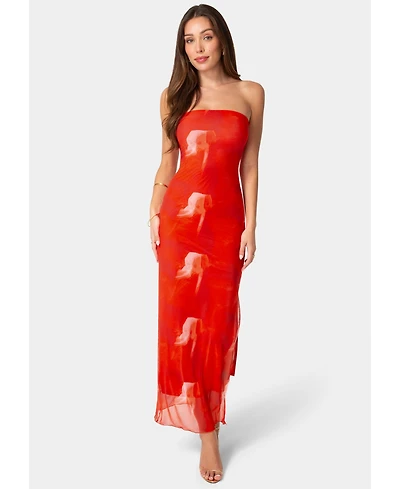 Bebe Women's Printed Mesh Strapless Maxi Dress