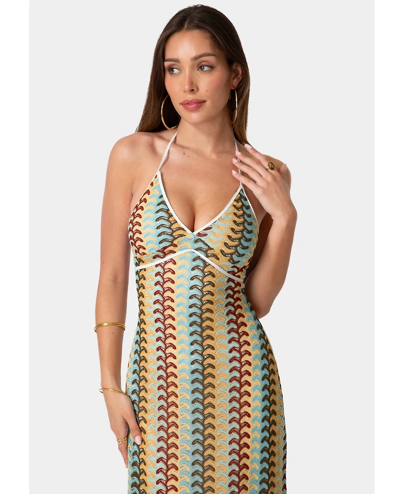 Bebe Women's Crochet Stripe Halter A-Line Maxi Dress