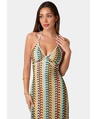 Bebe Women's Crochet Stripe Halter A-Line Maxi Dress