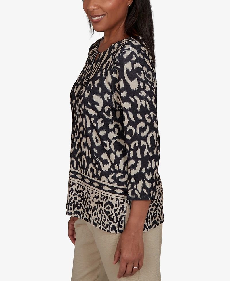 Alfred Dunner Petite Travel Advisory Animal Print Split Neck Knit Top