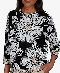 Alfred Dunner Petite Travel Advisory Dramatic Ink Floral Sweater