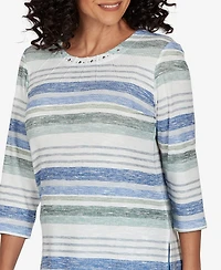 Alfred Dunner Petite Provence Textured Biadere Stripe Knit Top
