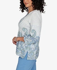 Alfred Dunner Petite Provence Paisley Stripe Split Neck Top
