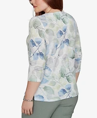 Alfred Dunner Petite Provence Watercolor Allover Leaf Print Top