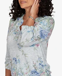 Alfred Dunner Petite Provence Floral Borders Henley Top