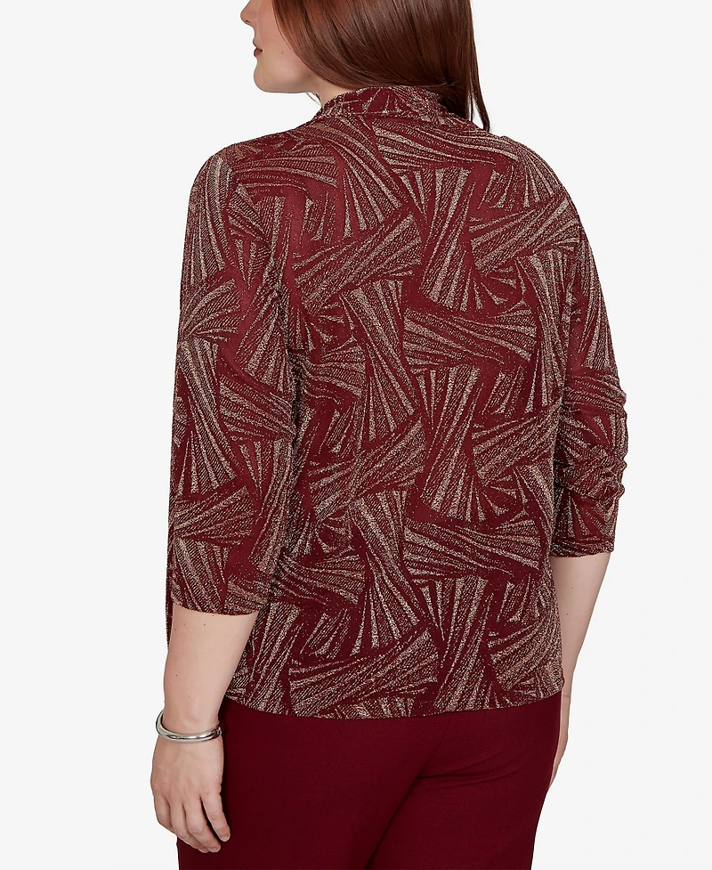 Alfred Dunner Petite Union Square Shimmer Abstract Two One Top with Necklace