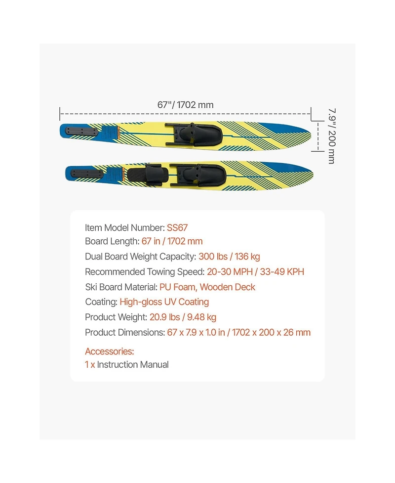 Sevorley 67-Inch Adult Water Skis with Adjustable Bindings, Up to 300 lbs