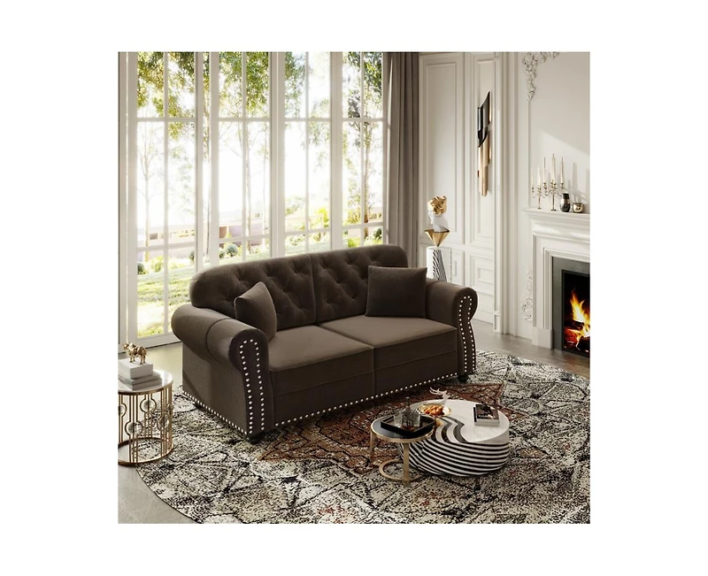 Rainsken 63" Mid-Century Velvet Sofa, Button Tufted Couch with Nailhead Trim, Rolled Armrests and 2 Pillows for Living Room, Apartment, Small Space