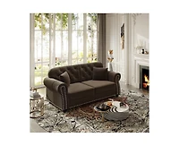 Rainsken 63" Mid-Century Velvet Sofa, Button Tufted Couch with Nailhead Trim, Rolled Armrests and 2 Pillows for Living Room, Apartment, Small Space