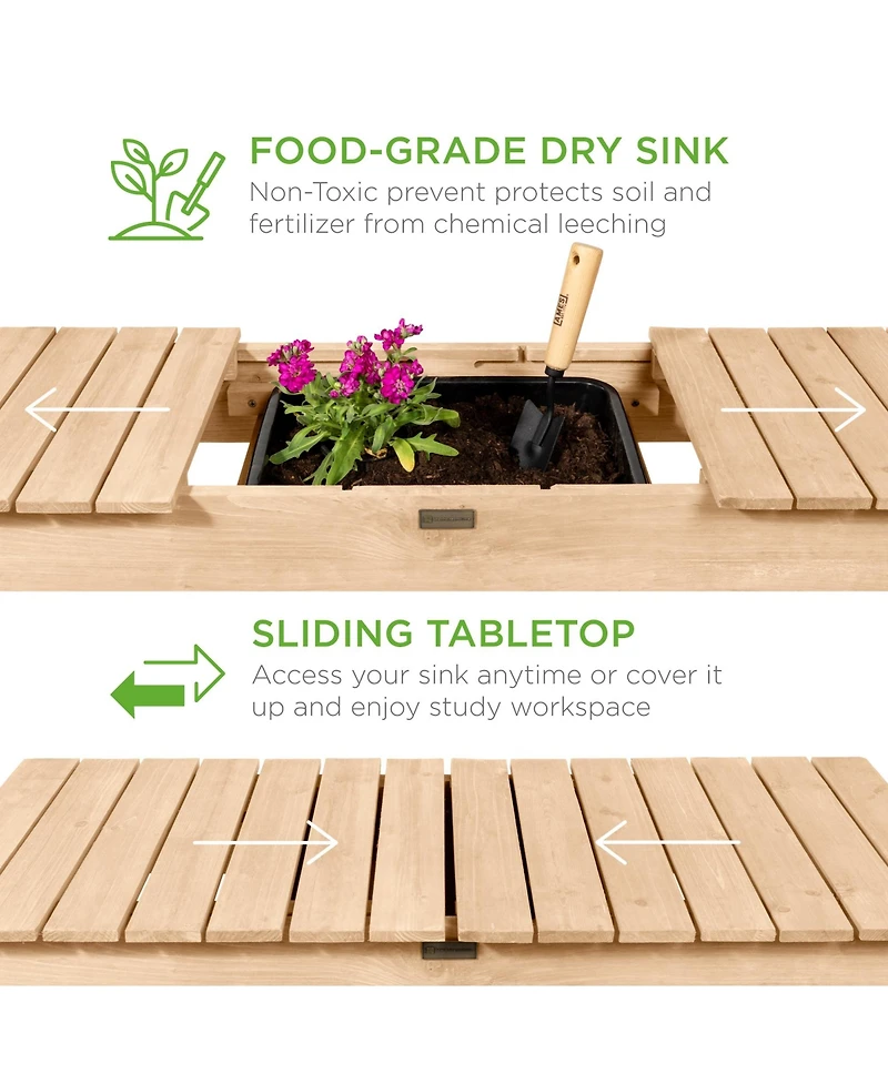 Best Choice Products Wood Garden Potting Bench Workstation Table w/ Sliding Tabletop, 4 Locking Wheels, Dry Sink
