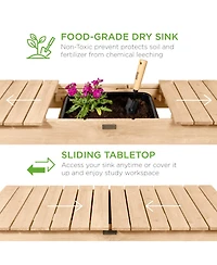 Best Choice Products Wood Garden Potting Bench Workstation Table w/ Sliding Tabletop, 4 Locking Wheels, Dry Sink