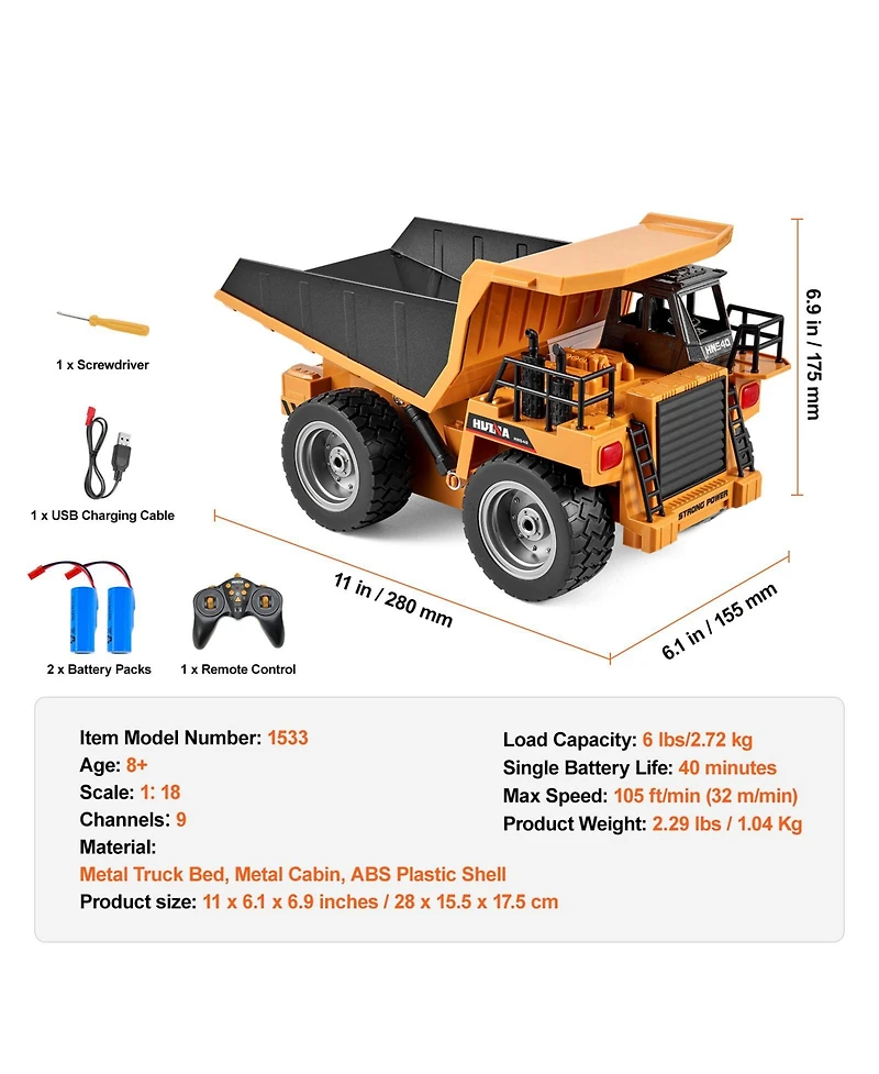 Sevorley 1:18 Scale 9-Channel Metal Bed 4WD Remote Control Dump Truck