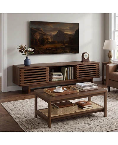 homfan Living Room Table Sets of 2, Includes Tv Stand Storage Cabinet for Tv, Farmhouse Coffee Table with Storage Shelf for Bedroom