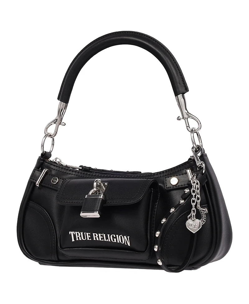 True Religion Women's Moto Shoulder Bag with Lock Pocket Charm – Convertible and Crossbody Purse