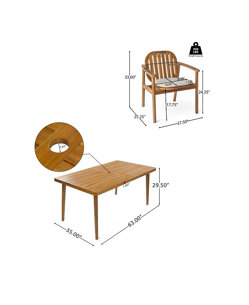 Asagikoiai 7-Piece Outdoor Dining Set, Acacia Wood Table with Umbrella Hole and 6 Chairs