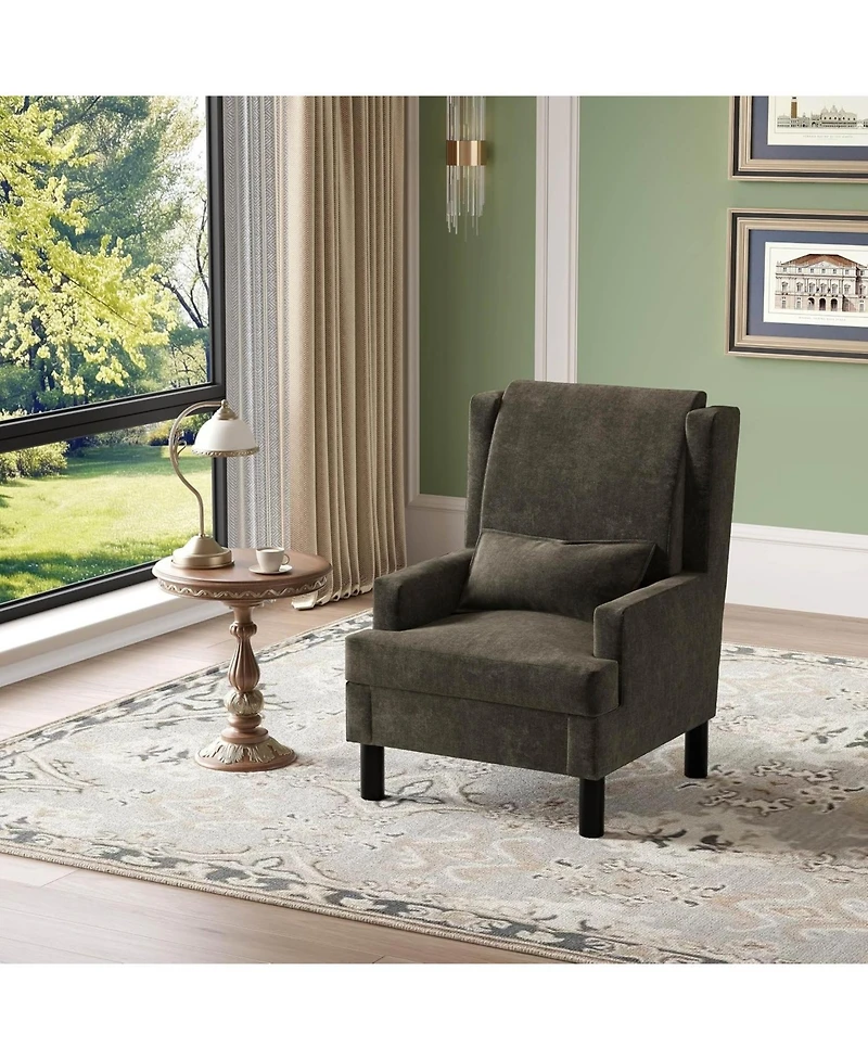 homfan Chenille Wingback Accent Chair with Lumbar Pillow, Mid-Century Modern Reading Chair, Wood Legs