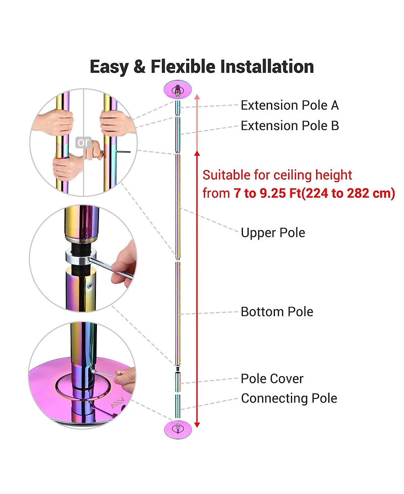 Yescom 3 Pack 9.25 Ft Spinning Static Dancing Pole Kit for Fitness Studio Club Colorful
