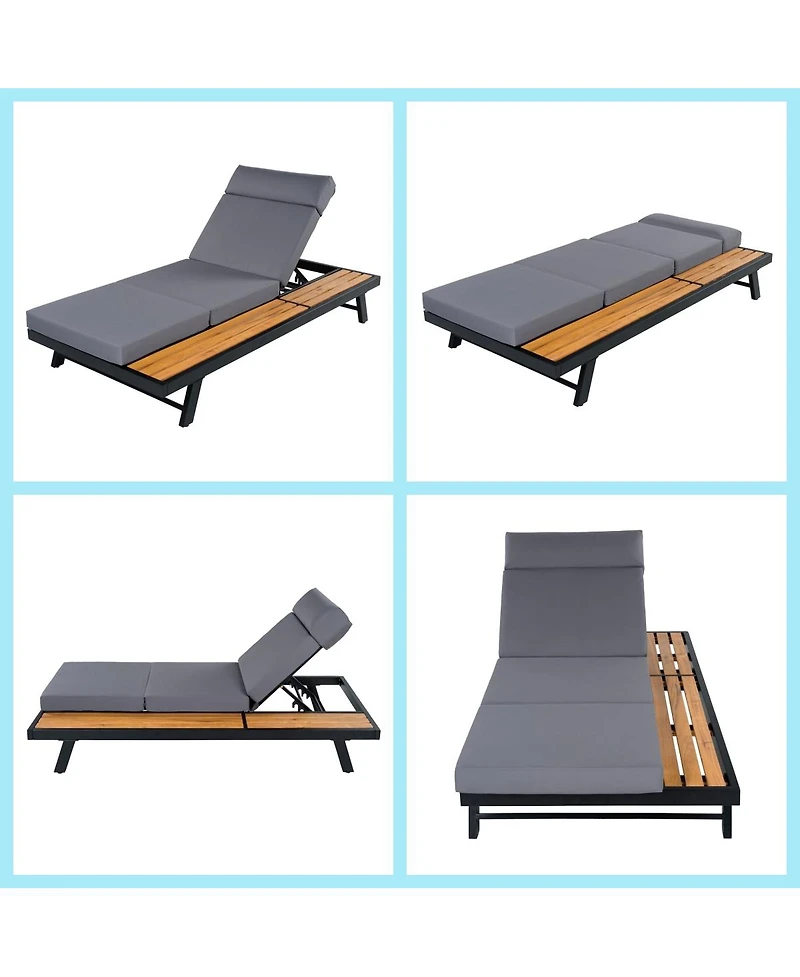 Asagikoiai Adjustable Acacia Wood Outdoor Chaise Lounge Chair with 4-Fold Cushion and Iron Frame