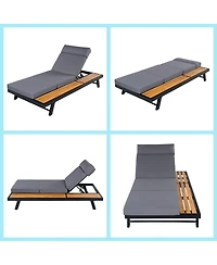 Asagikoiai Adjustable Acacia Wood Outdoor Chaise Lounge Chair with 4-Fold Cushion and Iron Frame