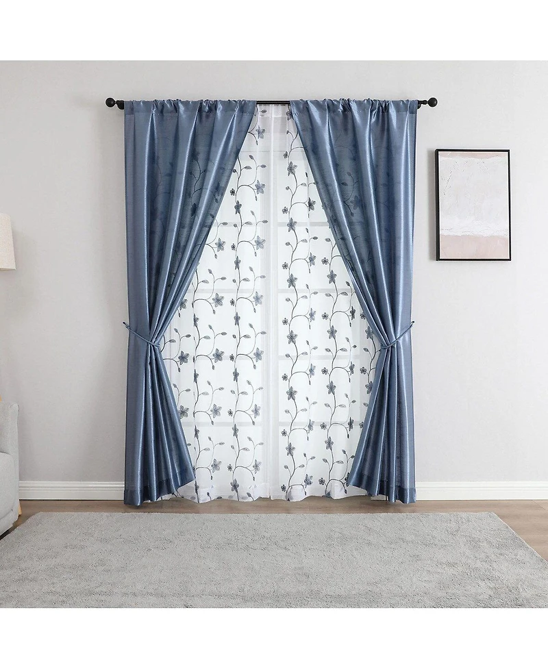 Kate Aurora Jasmine Embroidered 6 Piece Rod Pocket Coordinating Sheer Window Curtain Panels