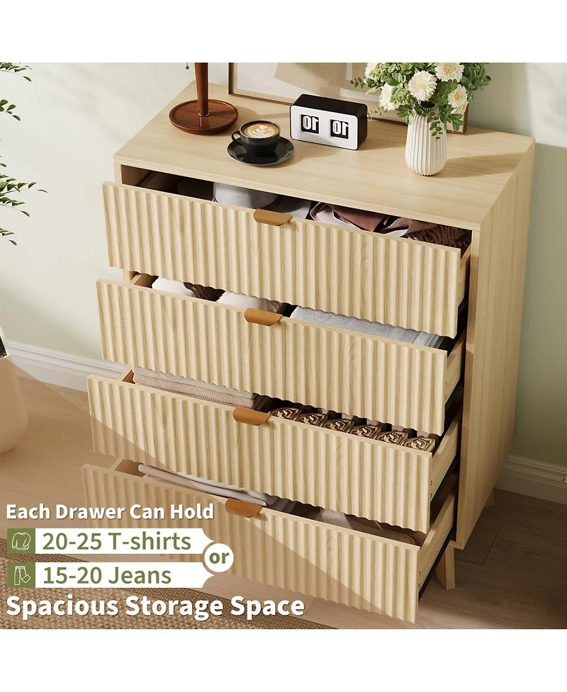 homfan 2 Set of Modern Closet Fluted Wood 4 Drawer Dressers for Bedroom Living Room Hallway Closet