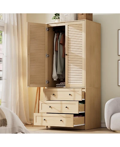 homfan Freestanding Bedroom Wardrobe, 2-Door Closet with Hanging Rod and 3 Drawers, Melamine Finish Storage Cabinet, Idea For Bedroom, Living Room