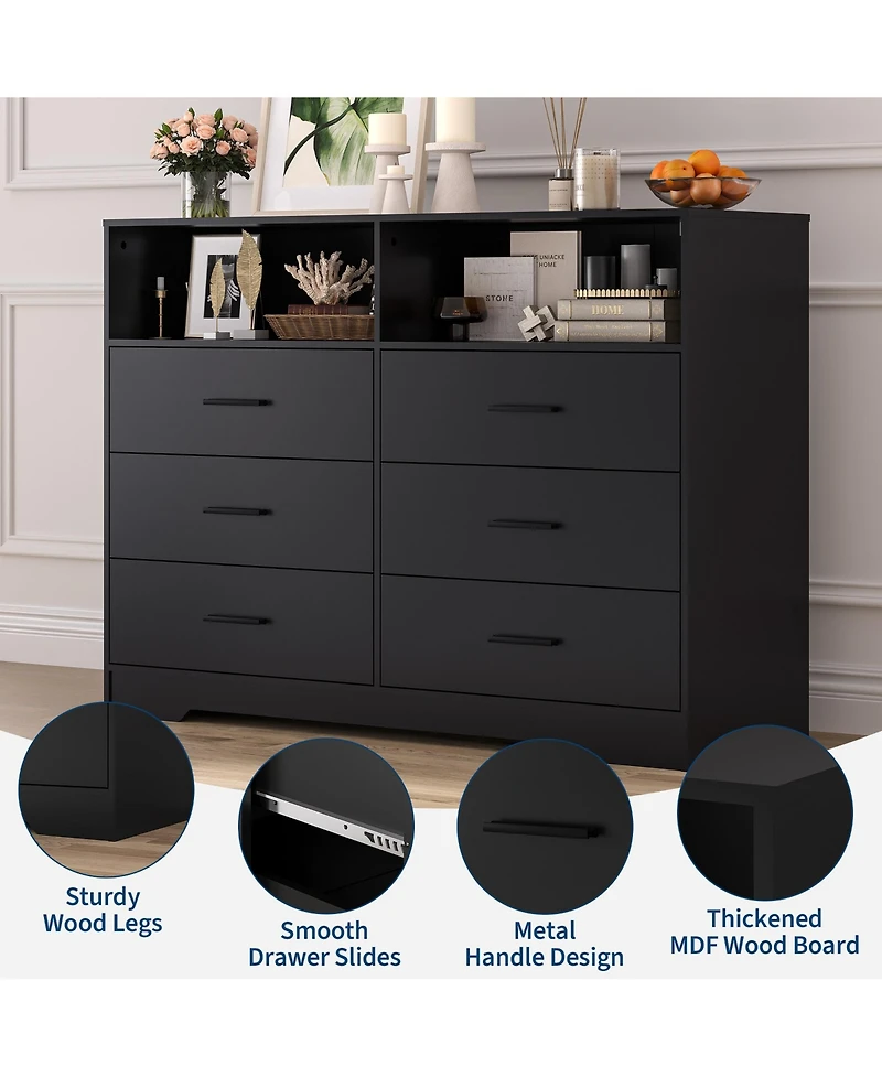 homfan 47" Wide 6 Drawer Dresser with Charging Station and Open Shelf, Chest Deep Drawers, Modern Tv Storage Organizer for Living Room
