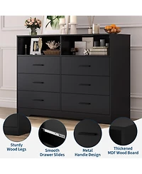 homfan 47" Wide 6 Drawer Dresser with Charging Station and Open Shelf, Chest Deep Drawers, Modern Tv Storage Organizer for Living Room