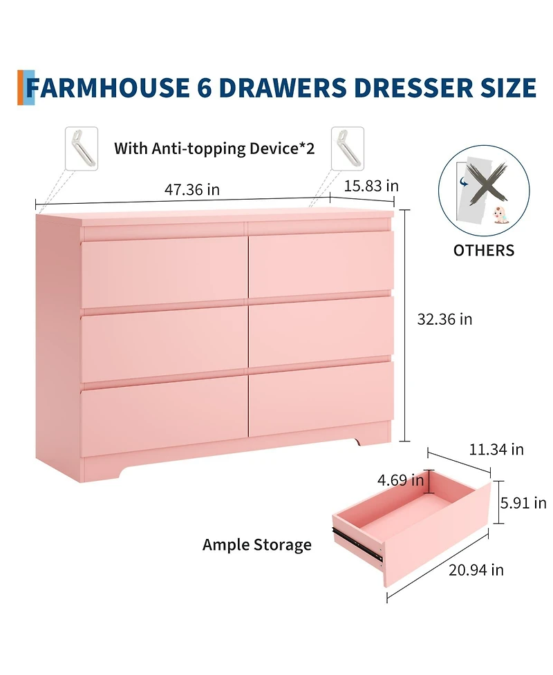 homfan Modern Wide Wooden 6 Drawer Double Dresser, Deep Storage Chest, Anti-Tip, Elegant Organizer for Bedroom, Girls, Nursery, Entryway