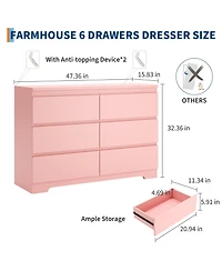 homfan Modern Wide Wooden 6 Drawer Double Dresser, Deep Storage Chest, Anti-Tip, Elegant Organizer for Bedroom, Girls, Nursery, Entryway