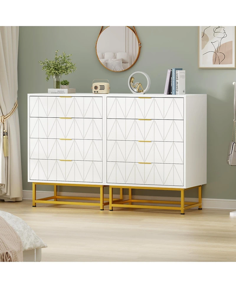 homfan Modern Wide Storage 4 Drawer Dresser Chest, Sturdy Wood Cabinet with Metal Legs, Bedroom and Living Room Furniture, Tall Organizer for Hallway