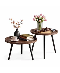 homfan Round Nesting Coffee Table Set of 2, Wood and Metal, Raised-Edge Accent Table