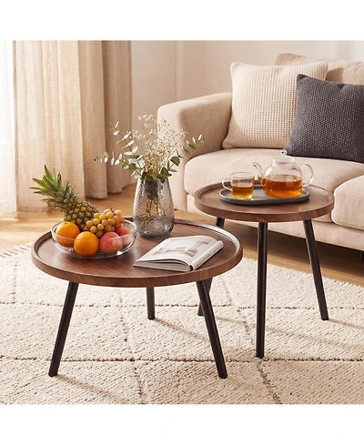 homfan Round Nesting Coffee Table Set of 2, Wood and Metal, Raised-Edge Accent Table
