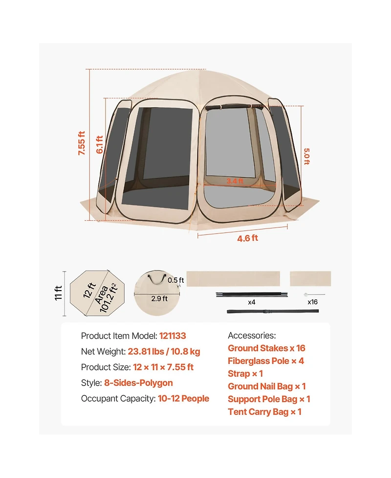 Sevorley 12 x 11 feet Pop Up Screen House Tent with Mesh Walls and Carry Bag