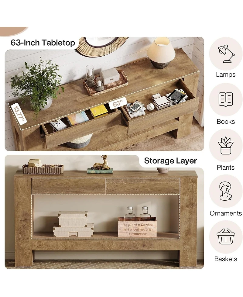 Tribesigns 63-Inch Console Table with 2 Hidden Drawers, Farmhouse Wooden Sofa Table with Storage Shelf for Living Room, Entryway, Hallway, Entrance