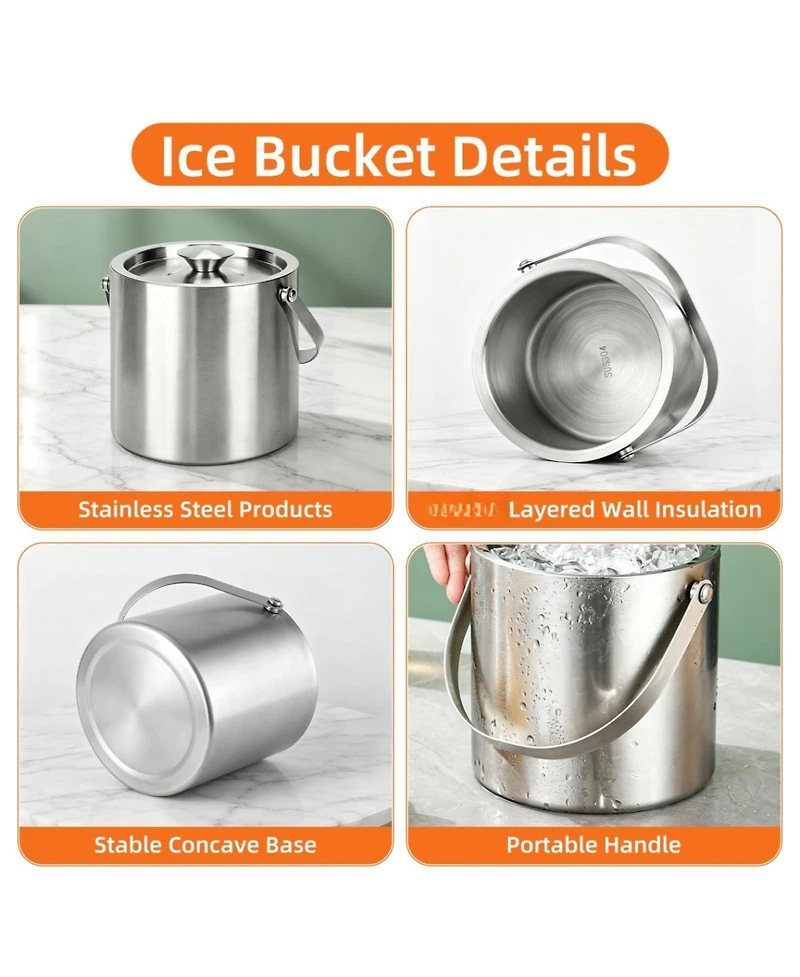 Piscifun 3L Double Wall Stainless Steel Ice Bucket with Lid Scoop Tongs Handle Insulated Container for Parties Bar Camping