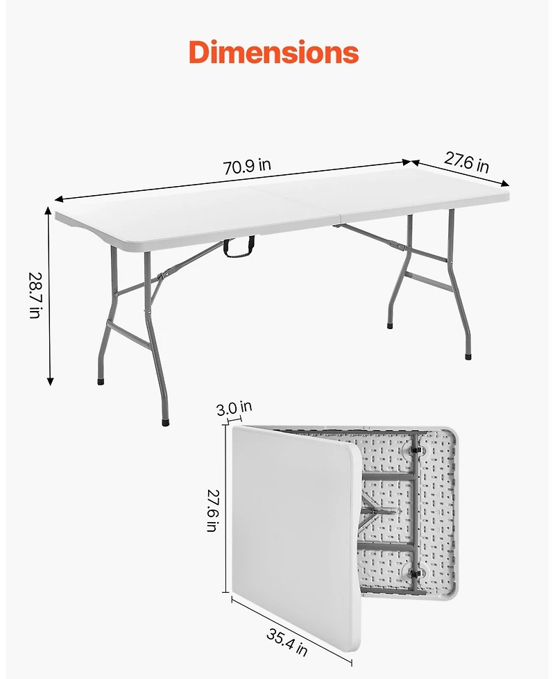 Sevorley 6 feet Fold-in-Half Utility Table with Carry Handle, Heavy Duty Plastic Folding Table, 330 lb Capacity