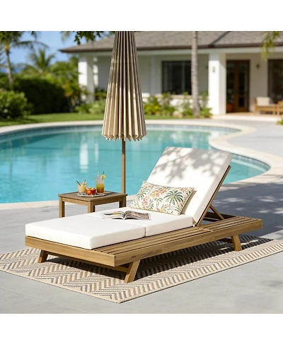 Asagikoiai Acacia Wood Outdoor Chaise Lounge with Adjustable Back and Cushion