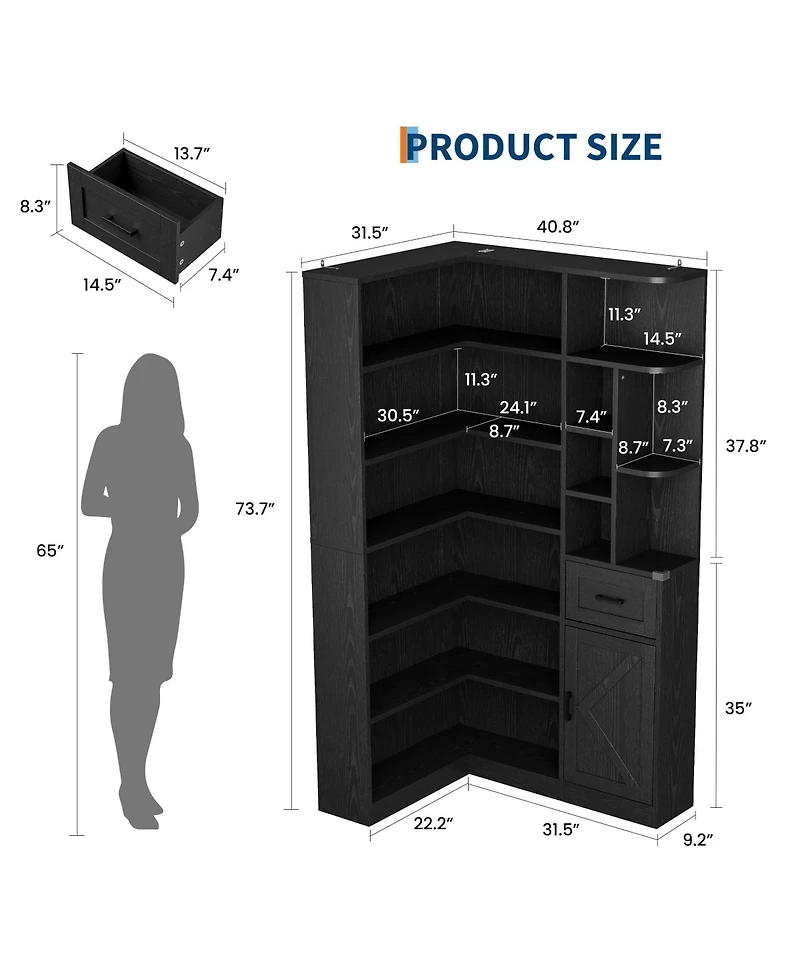 homfan 74'' Tall Corner Bookshelf, 6-Tier Book Shelf with Drawer and Cabinets, l-Shaped Bookcase Open Storage Shelves Modern Display for Home